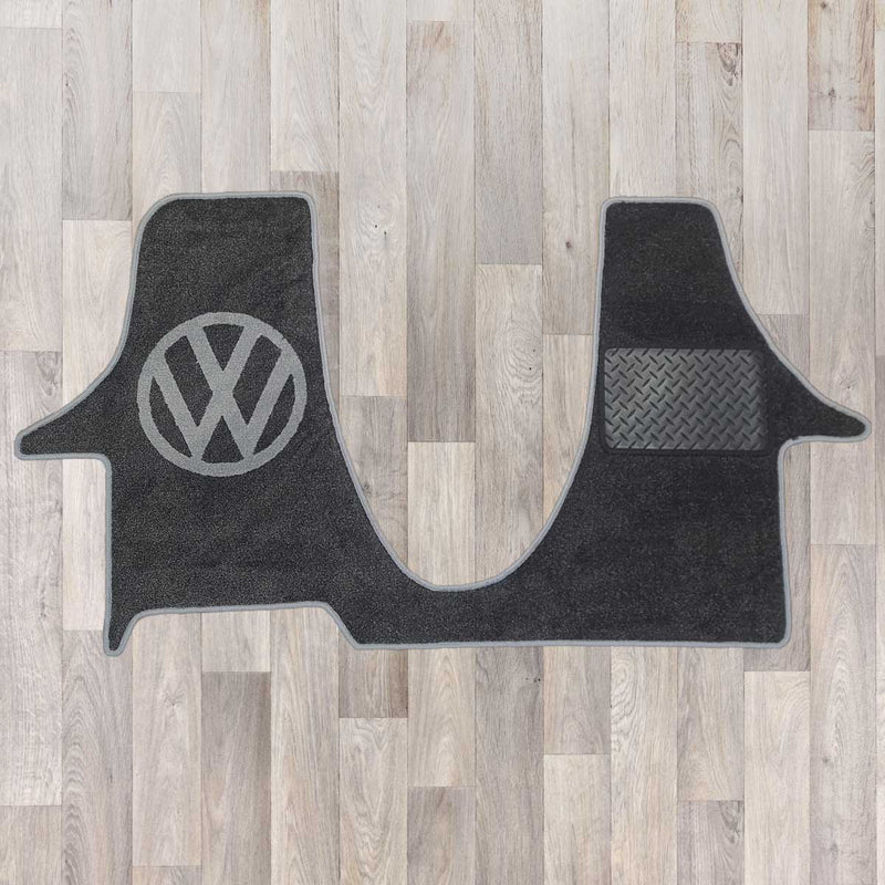 T6.1 December 2019 onwards model cab mat with 2 plus 1 kiravan seat arrangement shown in black with grey trim and VW logo