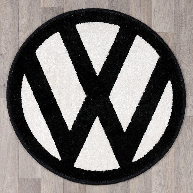 round rug with vw logo in black and white colours