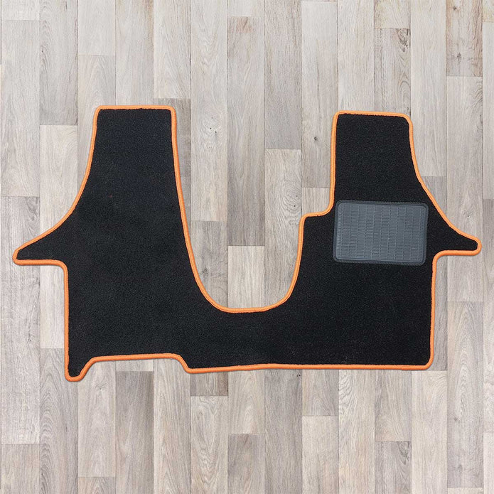 T6 cab mat with 2 plus 1 kiravan swivel seat arrangement shown in black with orange trim