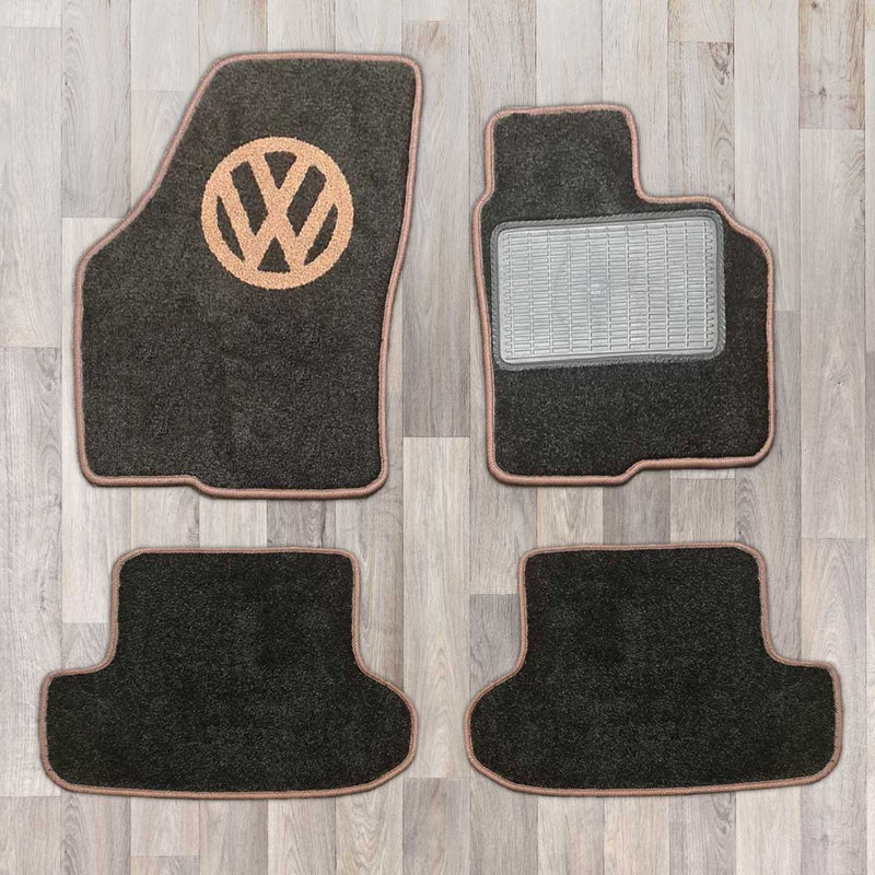 2012 to 2019 new Beetle mat set with VW logo shown in black carpet with orange trim