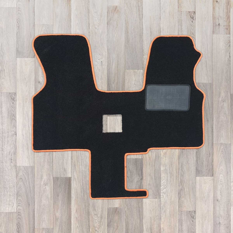 T4 cab mat with 1 plus 1 seat arrangement shown in black with orange trim