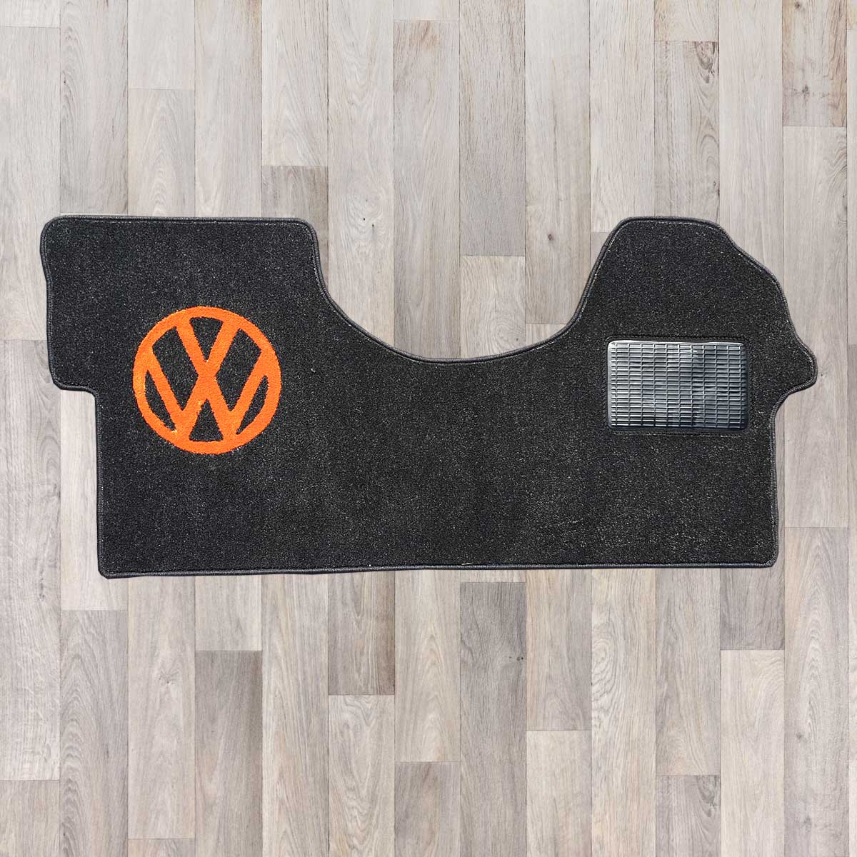 Crafter 2006 to 2016 2 plus 1 seat arrangement cab mat shown in black carpet with orange logo