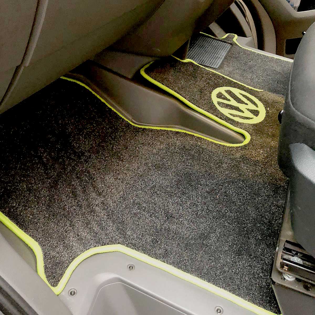 Crafter 2017 to present cab mat in 1 plus 1 seat arrangement shown in black carpet with lime binding