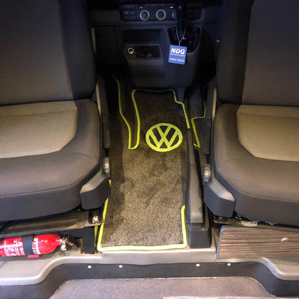 Crafter 2017 to present cab mat in 2 plus 1 seat arrangement shown in black carpet with lime binding