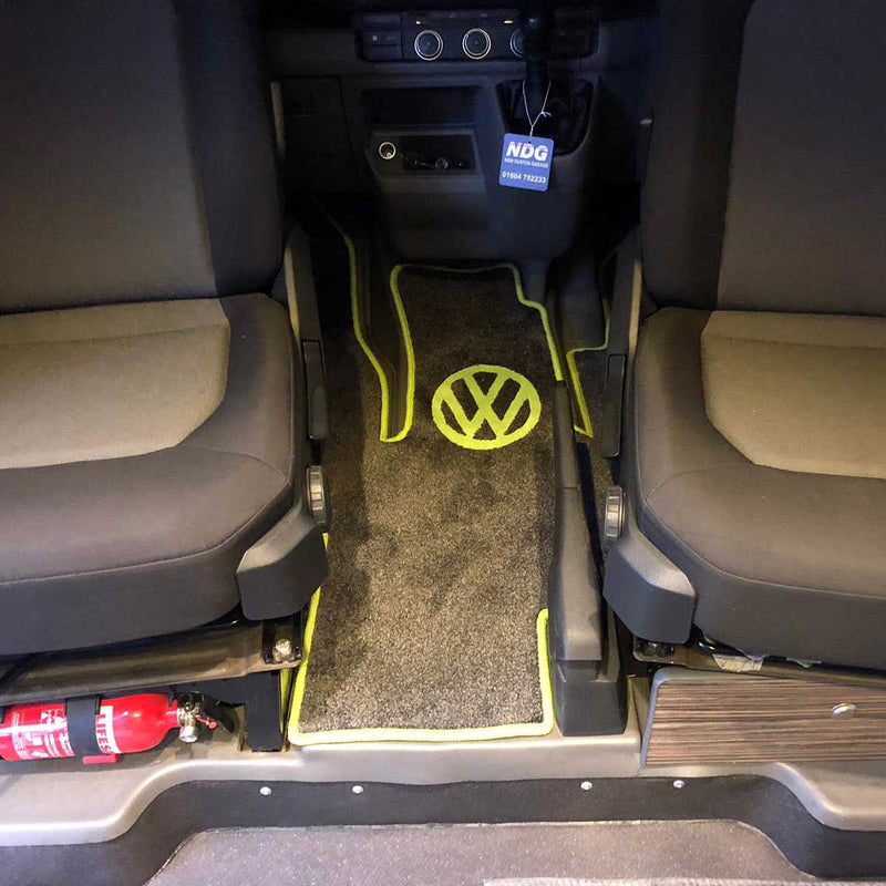 Crafter 2017 to present cab mat in 1 plus 1 seat arrangement shown in black carpet with lime binding