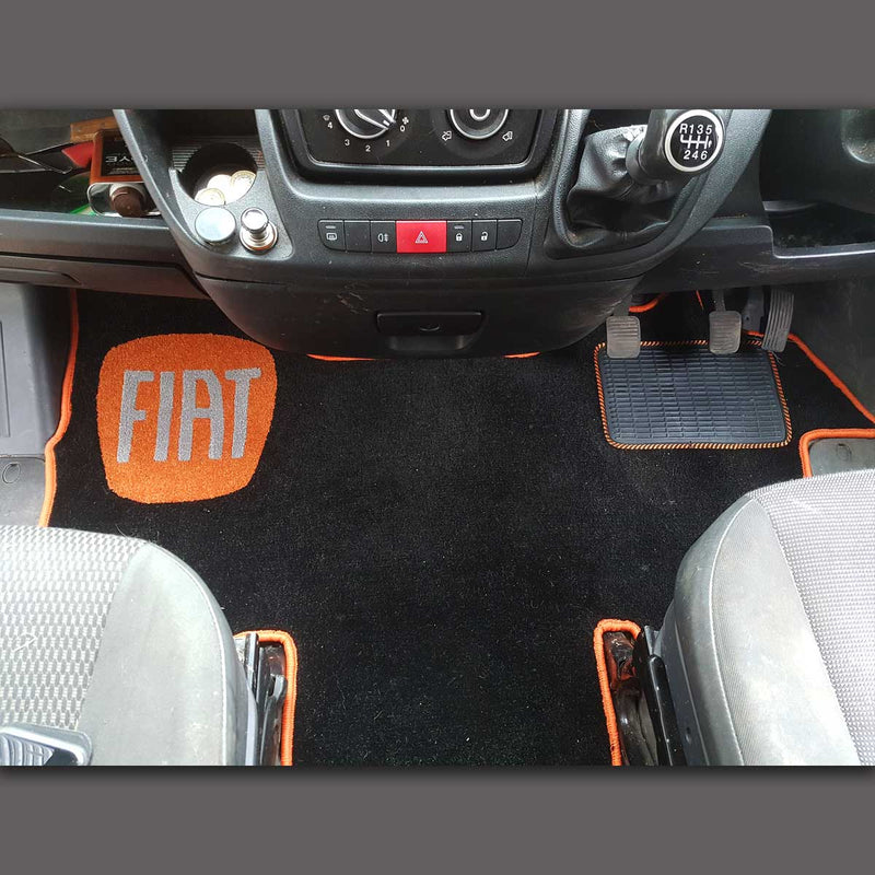 Fiat van cab rug for 1 plus 1 seat arrangement shown in black carpet with orange binding
