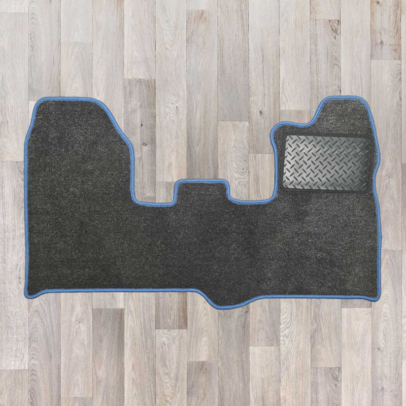 Ford Transit Custom 1 plus 1 cab rug shown in dark grey carpet with blue binding