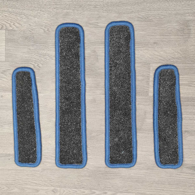 Ford Transit Custom door pocket liner rugs shown in black carpet with blue binding