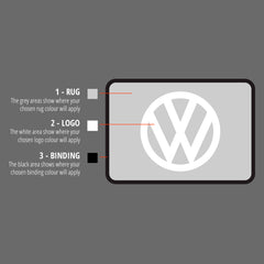 Rectangular rug with VW Wolfsburg logo in dark grey and blue colours