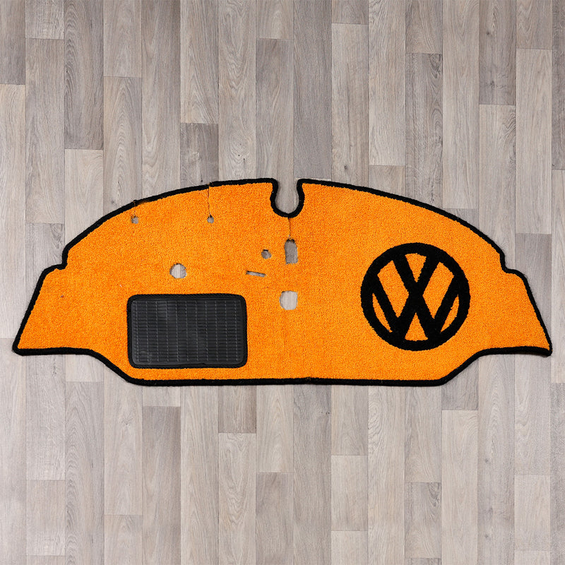 vw split screen cab rug with vw logo in black and orange colours