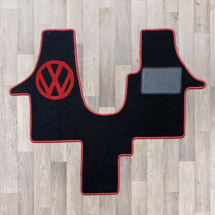 t5 1 plus 1 seat arrangement cab rug in red and black with VW logo