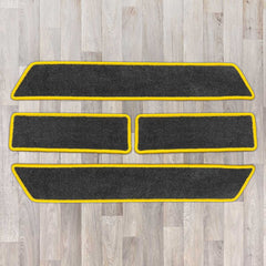T5 side step set with extra mat for vans with double sliding doors. Shown in black with yellow binding.