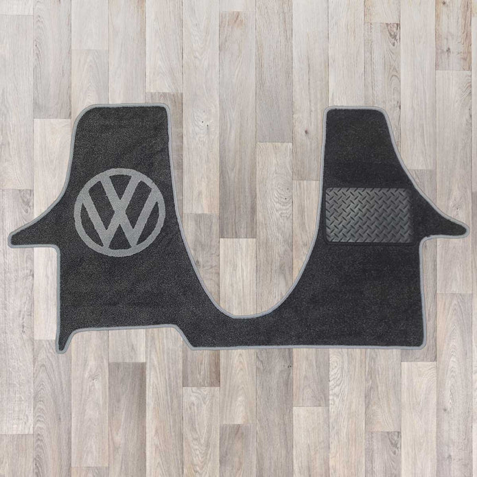 T6.1 December 2019 onwards model cab mat with 2 plus 1 kiravan seat arrangement shown in black with grey trim and VW logo
