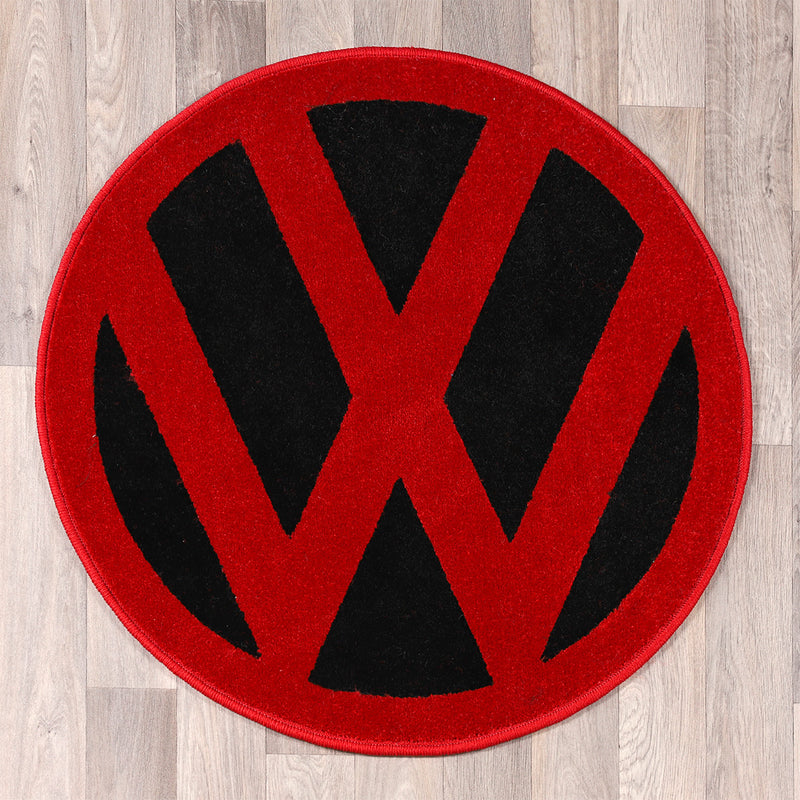 round rug with vw logo in black and red colours