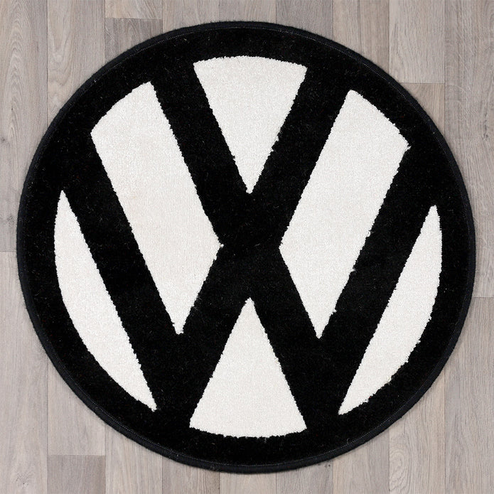 round rug with vw logo in black and white colours