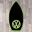 Surfboard shaped rug with VW logo in dark grey and lime green colours