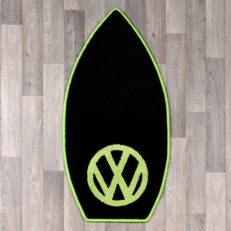 Surfboard shaped rug with VW logo in dark grey and lime green colours