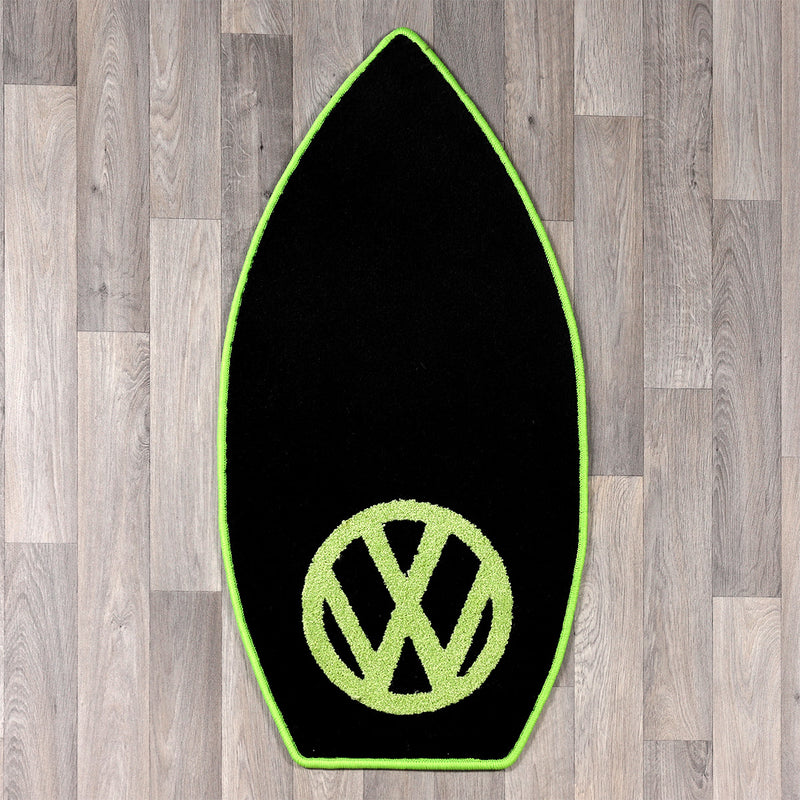 Surfboard shaped rug with VW logo in dark grey and lime green colours