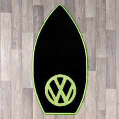 Surfboard shaped rug with VW logo in dark grey and lime green colours