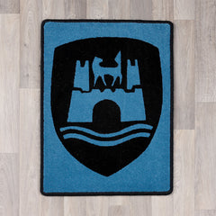 Rectangular rug with VW Wolfsburg logo in dark grey and blue colours